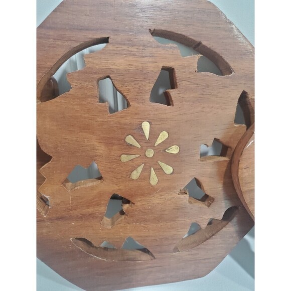 Lot of 3 Vintage Hand Carved Solid Wood Octagon Folk Art Trivet India - Picture 2 of 9